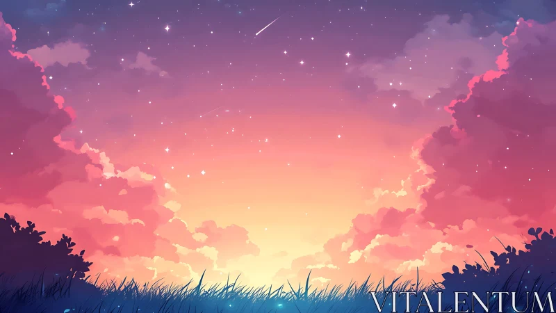 Twilight meadow dreaming beneath candy clouds and comet-kissed sky.