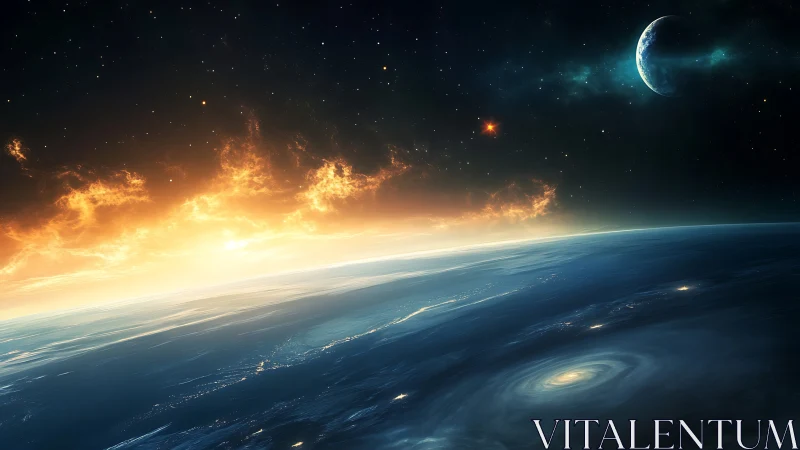 Curved planetary horizon under sunrise with distant world