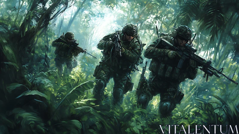 Tactical infantry squad advancing through dense tropical jungle