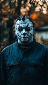 Mask-wearing figure stands in eerie autumn forest gloom.