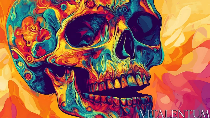 Psychedelic skull blaze swirling between neon life and dusk.