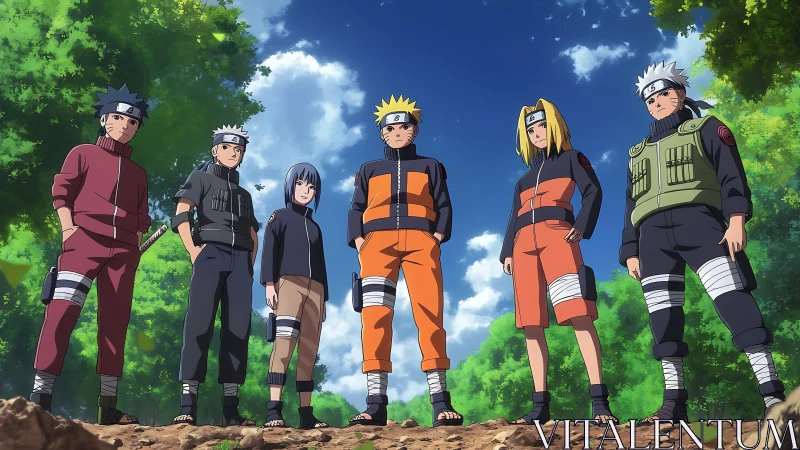 Six anime ninja stand outdoors in coordinated team formation