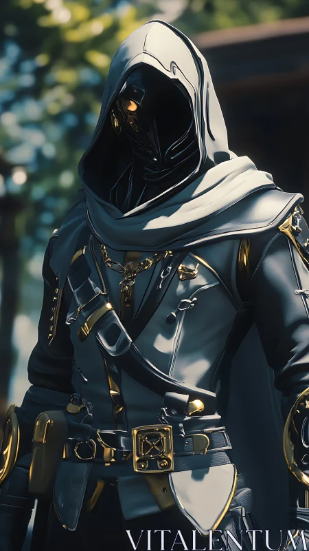 Gilded hooded sentinel in ornate tactical armor at dusk.