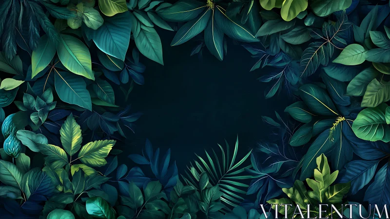 Dense tropical foliage encircles a deep teal negative space