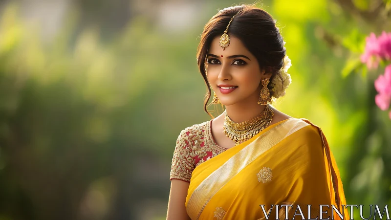 Portrait of woman in yellow sari with jewelry outdoors.