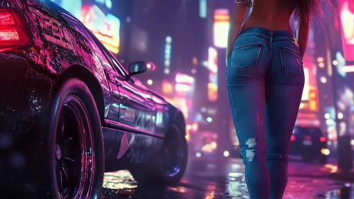 Neon street scene pairs sports car and woman in tight jeans