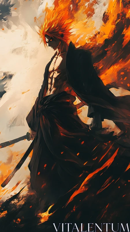 Flaming swordsman strides through swirling inferno storm.