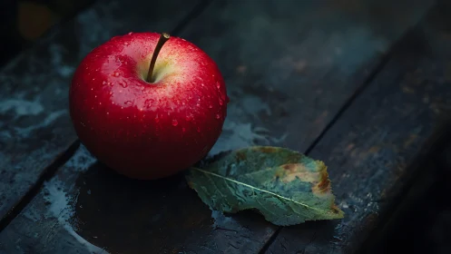 Macro close-up of red apple with leaf on wet wooden surface