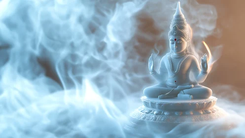 Serene white deity in soft swirling mist and warm light.