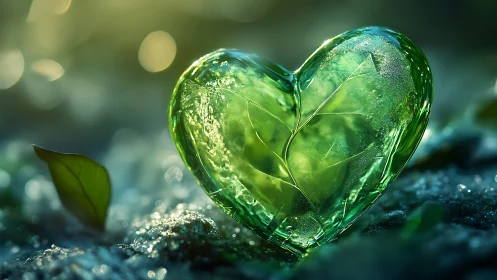 Green glass heart with leaf veins in nature, macro fantasy style.
