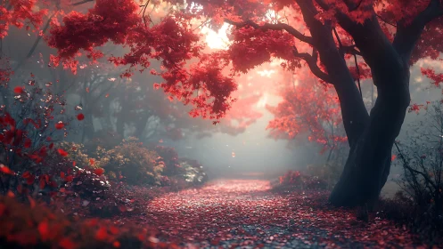 Red autumn forest path with glowing mist and falling leaves