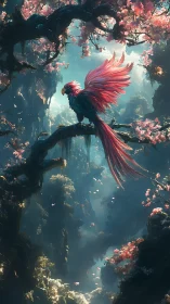 Majestic crimson parrot spreads its wings in a misty blossom gorge