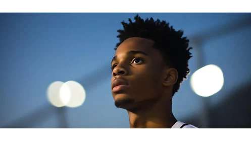 Focused young man under evening sports lights portrait.