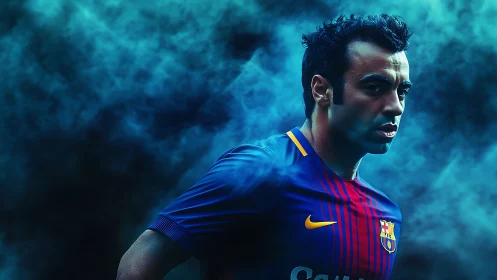 Dynamic football portrait in teal atmospheric lighting.