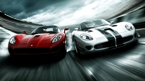 Dual supercar velocity study on wet curvature track surface.