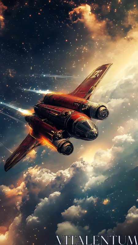 Scarlet starfighter dives through glowing nebula cloudscape