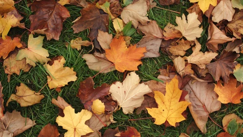 Dry autumn maple leaves scattered across green grass.