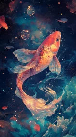 Koi fish rendered in luminous cosmic aquatic environment.