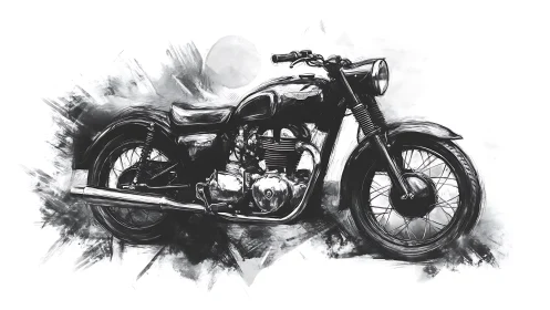 Monochrome vintage motorcycle render with dynamic inked contours