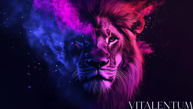 Neon lion portrait with cosmic smoke and dark background.