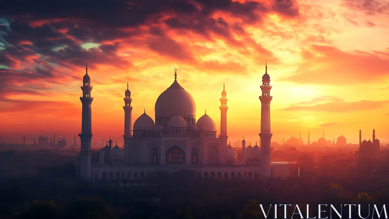 Golden sunset mosque glowing softly over a tranquil cityscape.
