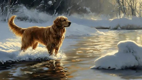 Digital painting of golden retriever in luminous winter stream.