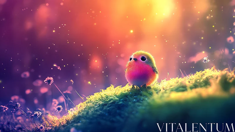 Vibrant neon plumage bird rendered in shallow depth-of-field bokeh