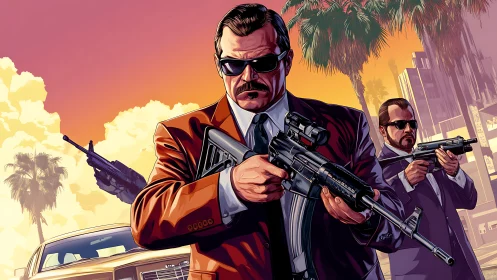 Confident suited crew strides through a bold city sunset.