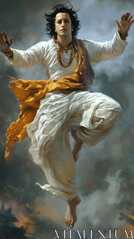 Radiant deity in flowing white robes descends through clouds
