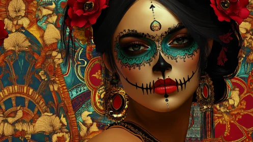 Sugar skull portrait with ornate red gold floral backdrop.