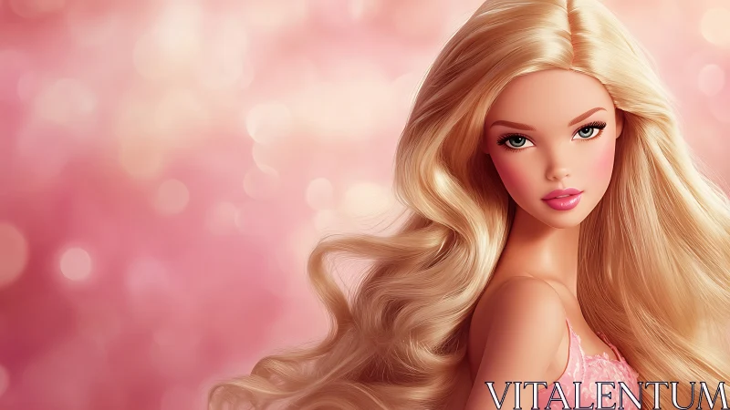 Blonde doll-like figure posed against soft pink bokeh background