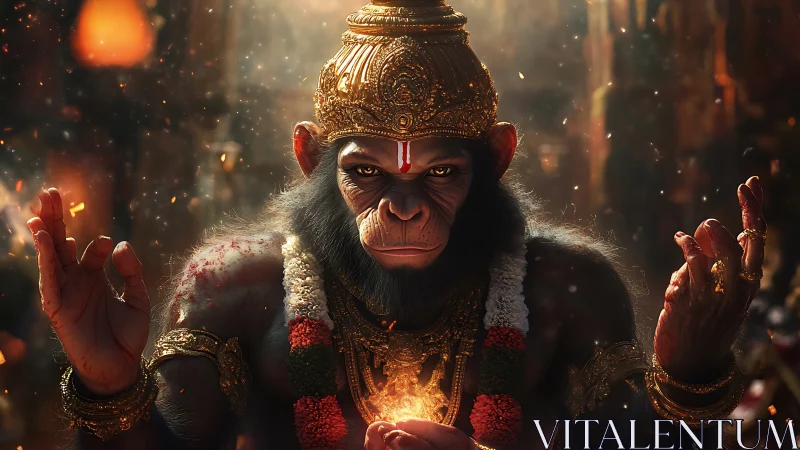 Simian deity avatar in ceremonial regalia amid ember field.