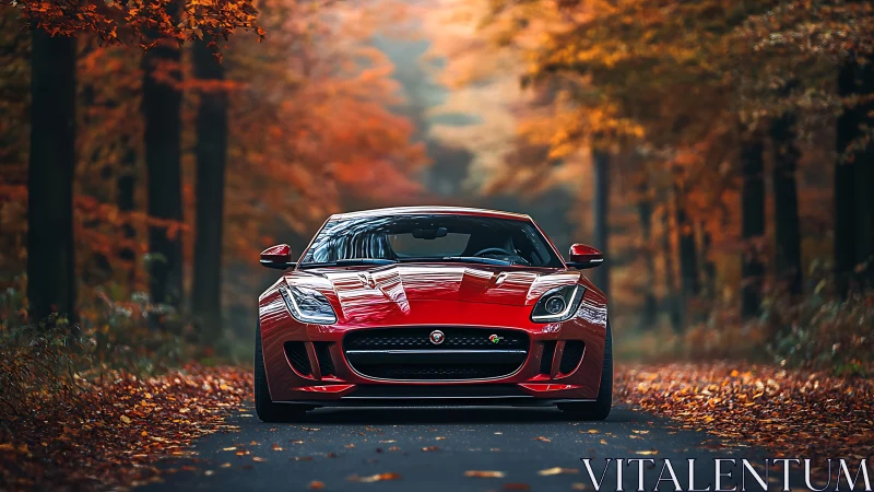 Red sports coupe on forest road framed by autumn foliage