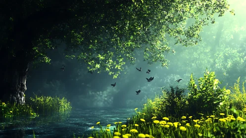 Radiant riverside grove with volumetric light and butterflies.