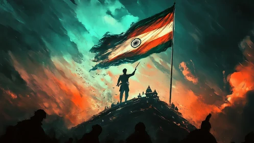 Digital painting of Indian flag over heroic hill silhouette.