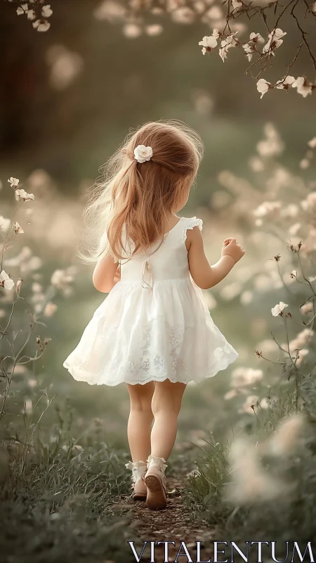 Young girl in white dress walking through blooming flower garden