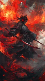 Armored swordsman stands amid swirling red and black flames