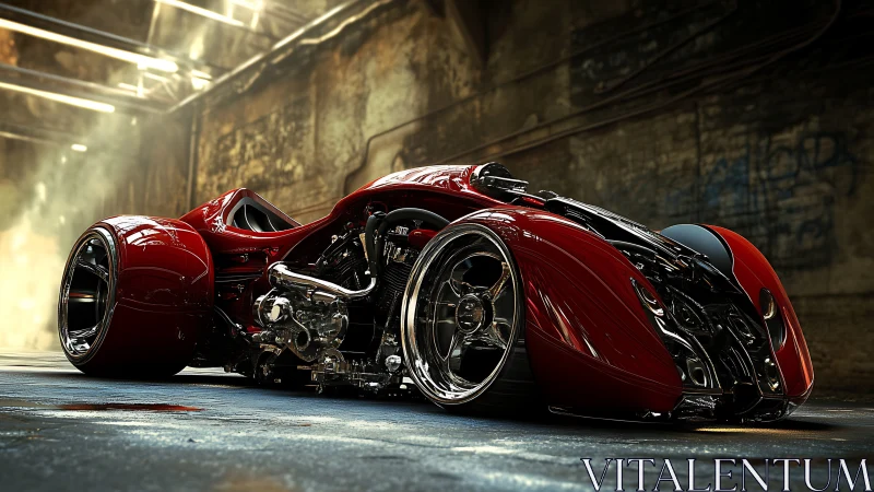 Futuristic red concept car rests low in gritty urban warehouse