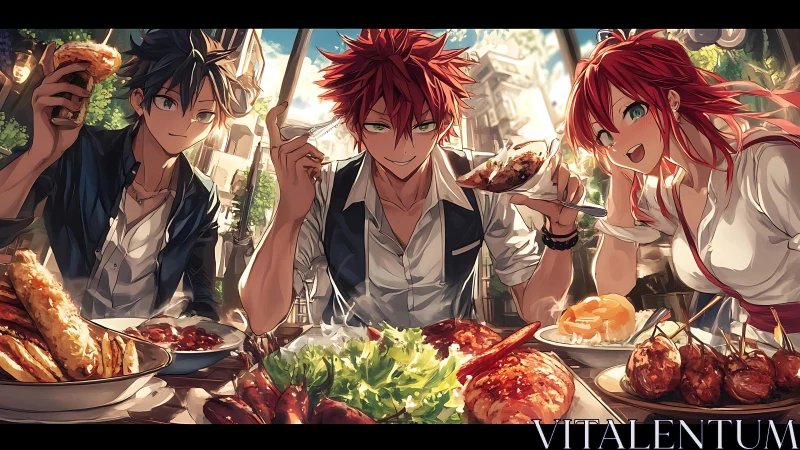 Anime friends share gourmet feast under warm daylight tones.