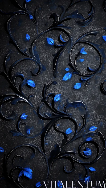 Ethereal Blue Florals Dance Across Textured Darkness.