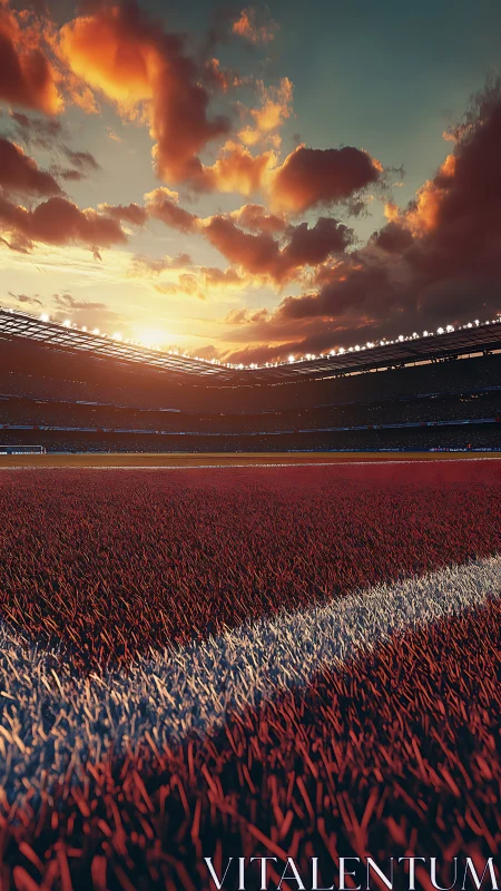 Low-angle stadium turf under dramatic sunset sky depth rendering