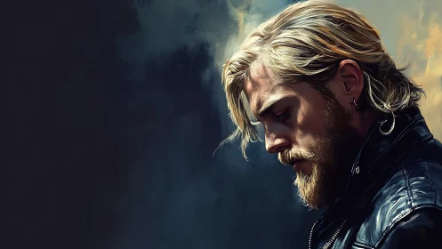 Brooding blond man in leather jacket against moody dusk.
