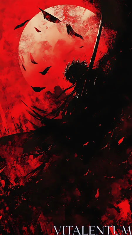 Silhouetted swordsman confronts blood moon in dynamic red abstraction