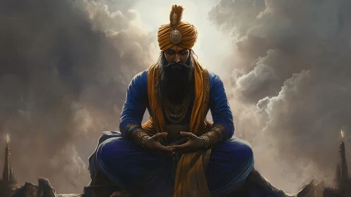 Turbaned warrior meditates in stormy, backlit landscape