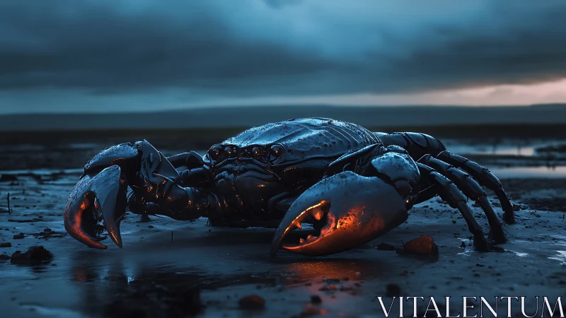 Cybernetic crab on tidal flats in cinematic dusk lighting.