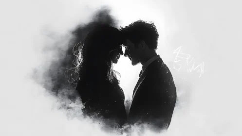 Silhouetted couple in intimate moment with dispersing smoke effect.
