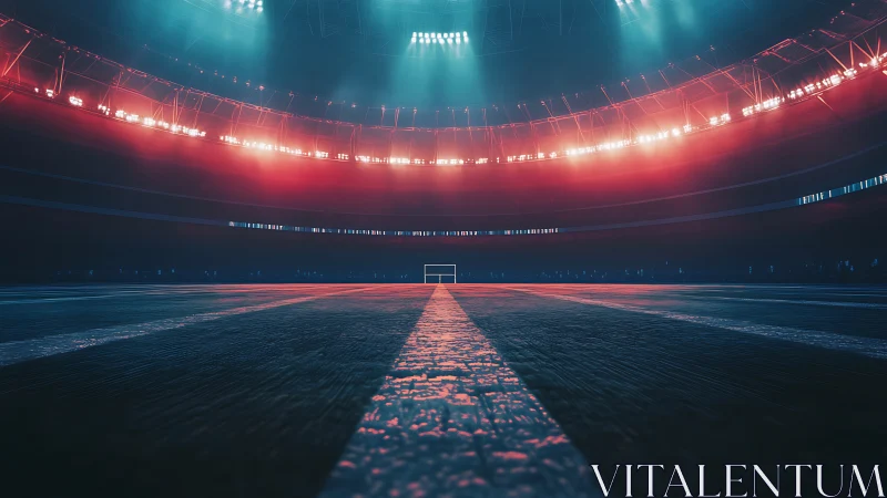 Floodlit futuristic stadium pitch with distant lone goalpost.