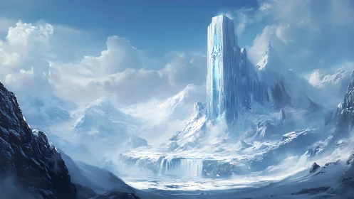 Frozen monolith kingdom crowned by clouds and winter hush.
