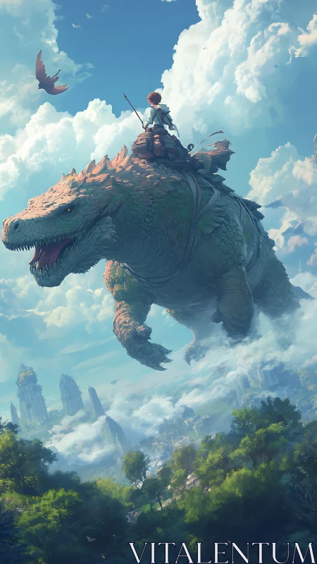 Skyward rider atop colossal dragon above clouded ruins.