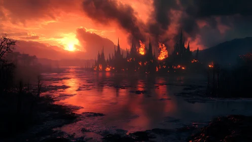 Burning Cathedral at Apocalyptic Sunset. Fantasy Destruction